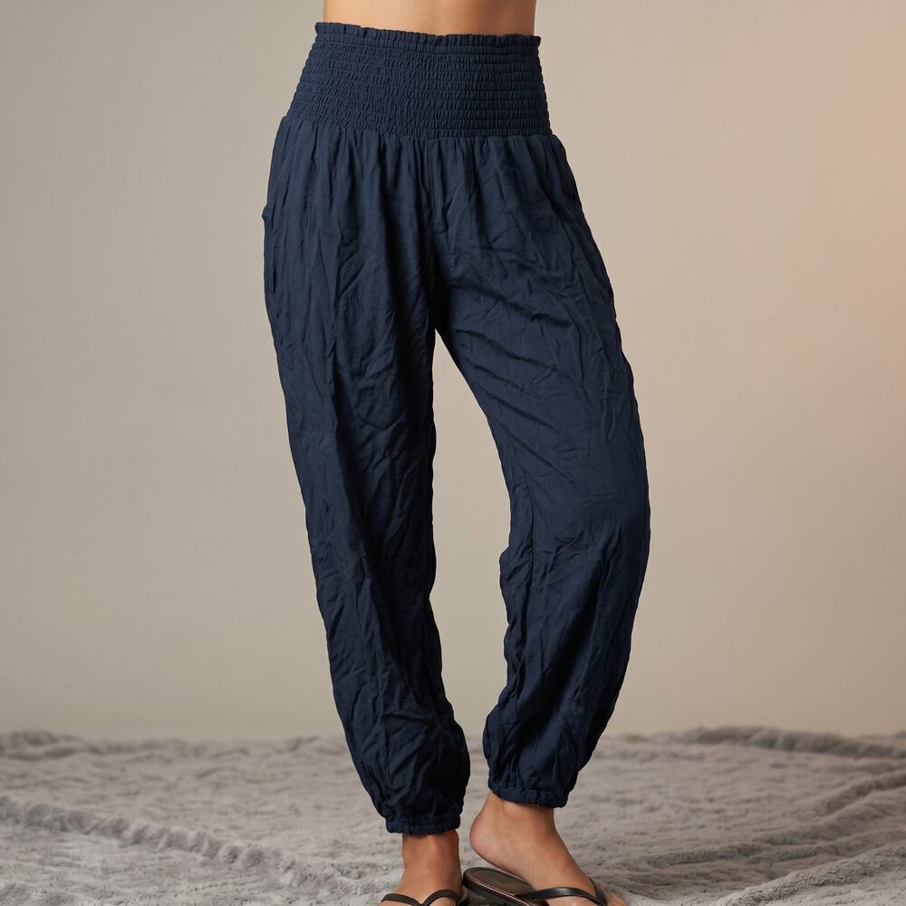 PI Yoga Pants Women Navy Blue Smocked Harem Boho Bali Rayon OS Petite 0-12